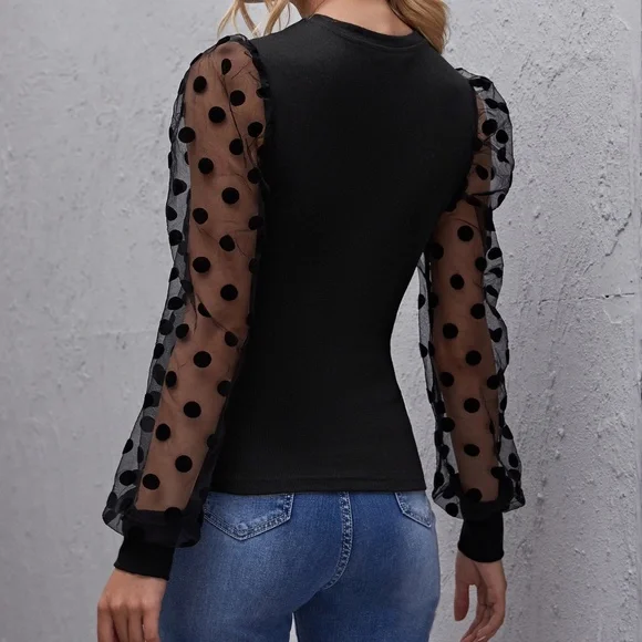Classic Black Polka Dot Sheer Sleeve Fitted Top - Picture 2 of 6